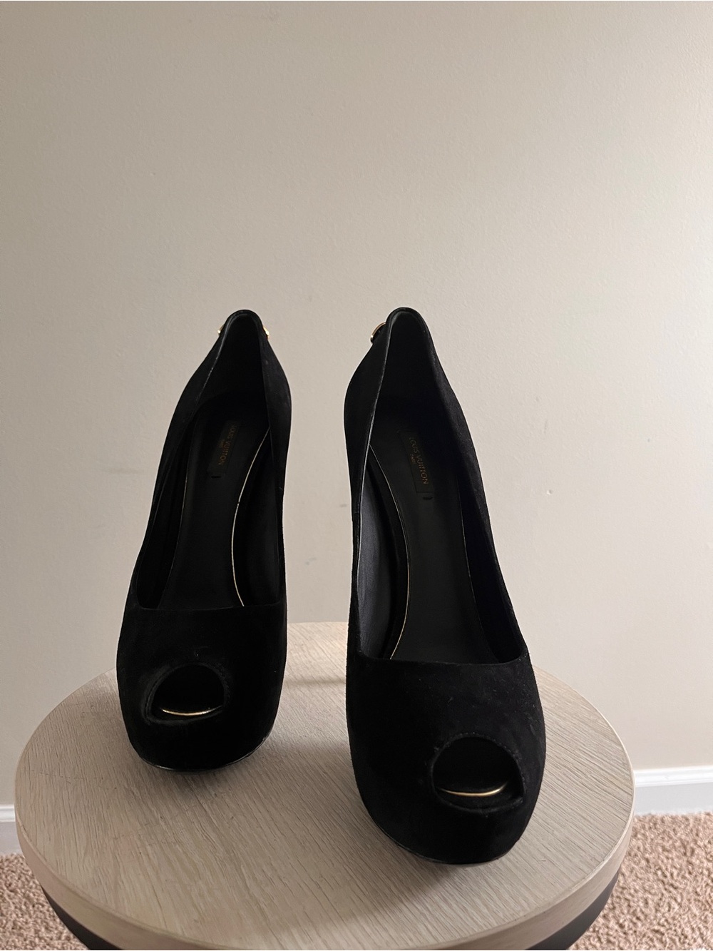 Louis Vuitton Black Suede Peep-Toe Platform Pumps